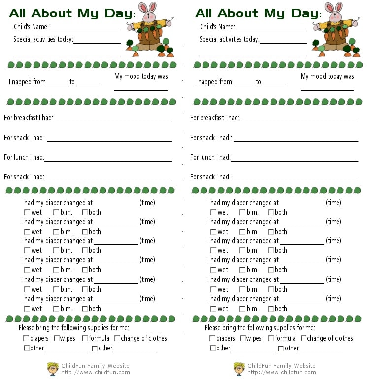 Child Care & Daily Reports Printable Forms | ChildFun